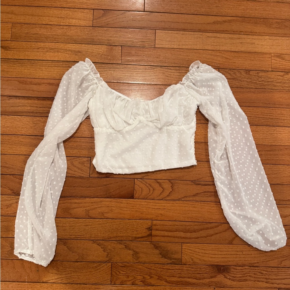 Off the shoulder, cropped white polka dot Top.